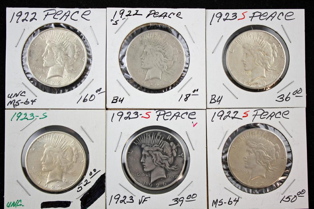 6 Peace Silver Dollars P & S Mint Marks 1922 - 23 (1 of 4)