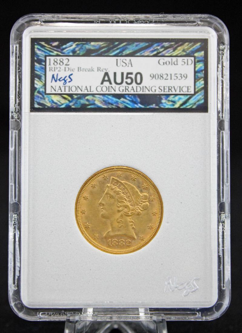 1882 S $5 Gold Liberty Head Coin NCGS AU 55 Errors (1 of 4)