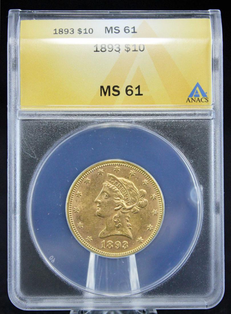 1893 $10 Liberty Head Gold Coin ANACS Graded MS 61 (1 of 4)
