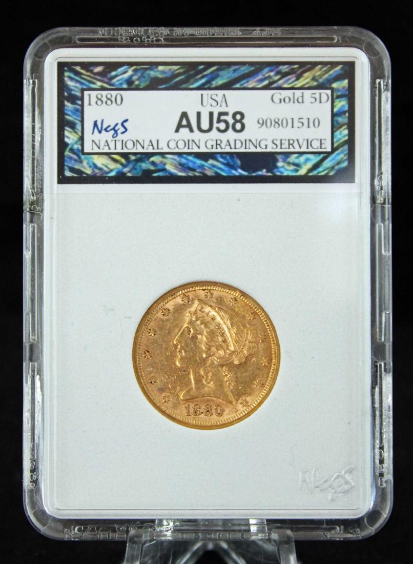 1880 P $5  Dollar Gold Liberty Head Coin NCGS AU 58 (1 of 4)