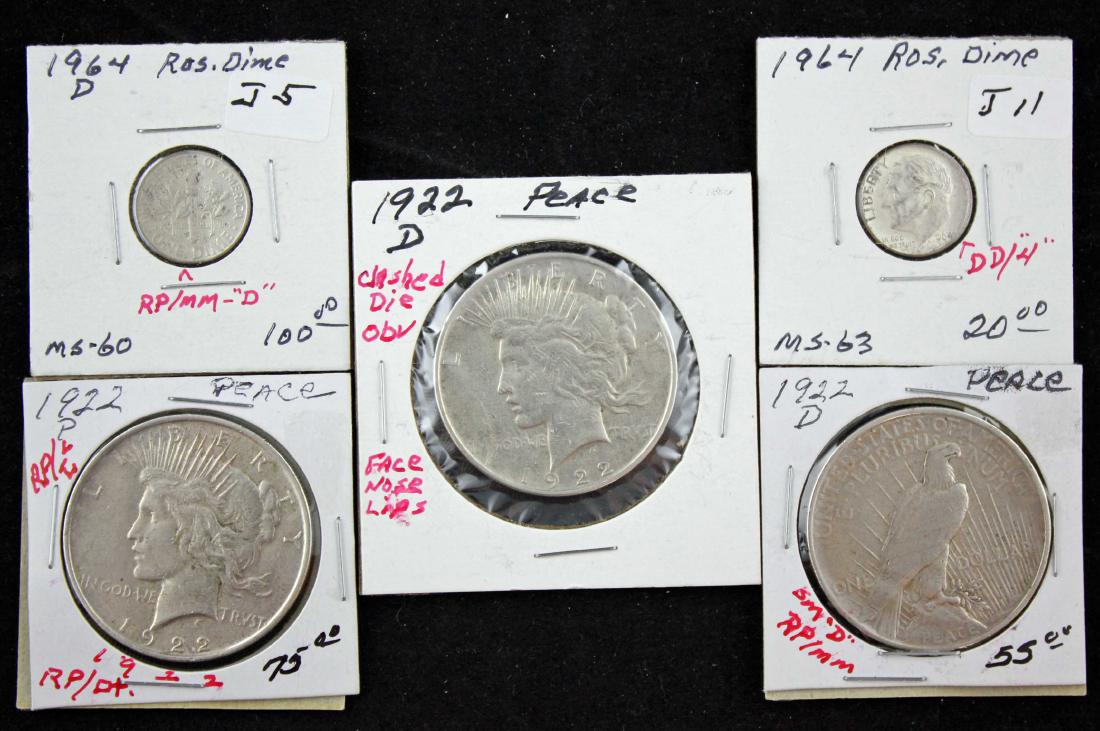 3 Peace Silver Dollars & 2 Silver Dimes w/ Errors: 3 Peace Silver Dollars & 2 Silver Dimes w/ Errors. (1) 1922 P. Peace Silver Dollar. (2) 1922 D. Peace Silver Dollars. (1) 1964 P Roosevelt Silver Dime. (1) 1964 D Roosevelt Silver Dime. Condition - Se