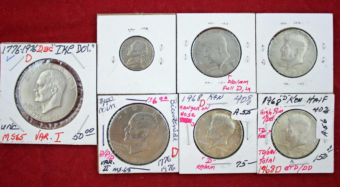 Mixed Group of US Coins 1964 - 1976 Errors: Mixed Group of US Coins 1964 - 1976 Errors. (1) 1964 P Jefferson Nickel. (1) 1967 P Kennedy 40% silver clad half dollar. (2) 1968 D Kennedy 40% silver clad half dollars. (1) 1972 D Kennedy half dollar