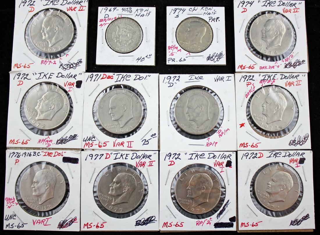 10 Ike Dollars & 2 Kennedy .50 Possible Errors: Ten Eisenhower Dollars and Two Kennedy Half Dollars with Possible Errors. Eisenhower dollars - (1) 1971 D. (1) 1971 P. (4) 1972 D. (1) 1972 P. (1) 1974 D. (1) 1976 Bicentennial P. (1) 1977 D. Kennedy