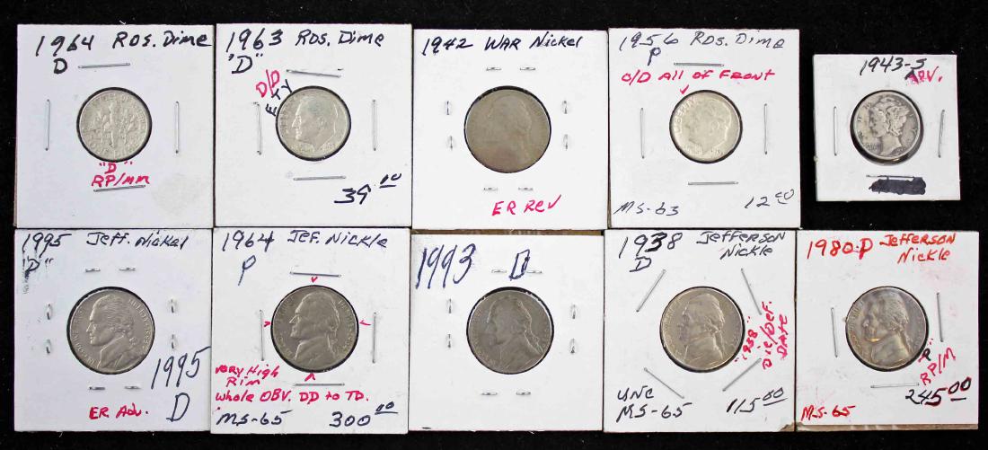 U.S. Coins Possible Errors Silver Dimes & Nickels: U.S. Coins Possible Errors Silver Dimes & Nickels. (1) 1943 S Roosevelt Dime. (1) 1956 P Roosevelt Dime. (1) 1963 D Roosevelt Dime. (1) 1964 D Roosevelt Dime. (1) 1964 P Jefferson Nickel. (1) 1938 D J