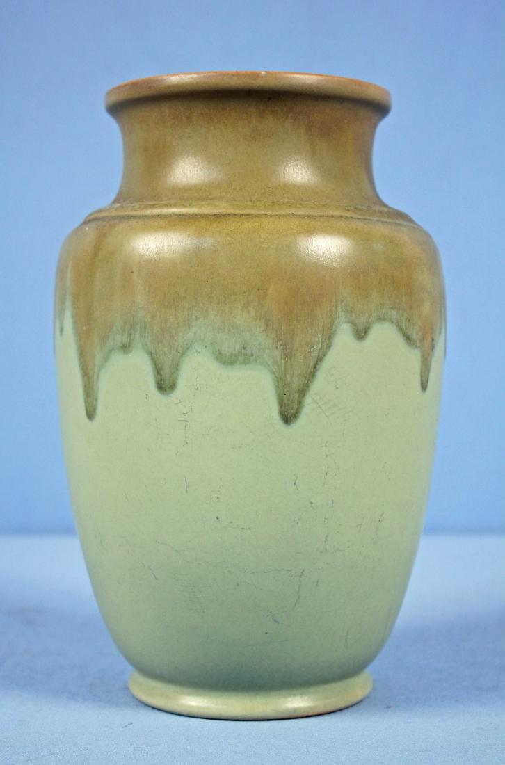 Roseville Carnelian 9.25" H. Amber/ Green Vase: Roseville Pottery Carnelian 9.25" H. Amber/ Green Drip Glaze Vase. Marked with Blue R.