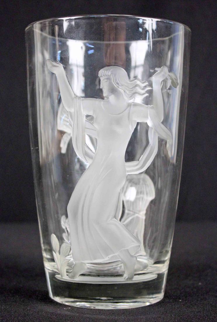 Verlys Art Glass Fall & Spring Seasons Vase: Verlys Art Glass Fall & Spring Seasons Vase. Signed by Verlys, Artist Carl Schmidt & Dated 1940 on Underside of Base. 8.125" H. X 5" Dia.
