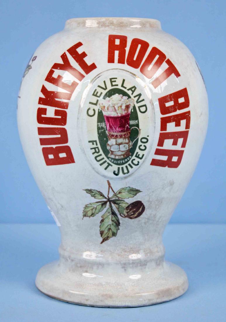 Buckeye Root Beer Syrup Dispenser, Circa 1920: Buckeye Root Beer, Cleveland Fruit Juice Co., Syrup Dispenser, Circa 1920. 11.5" H. X 8" Dia.