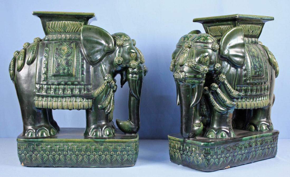 2 Chinese Ceramic Elephant Garden Table or Stools: Two Chinese Ceramic Elephant Garden Table or Stools. A pair of 20th Century Chinese garden elephants in excellent condition. Measure approx. 22 1/2" high X 21 1/2" long X 9 1/4" wide.
