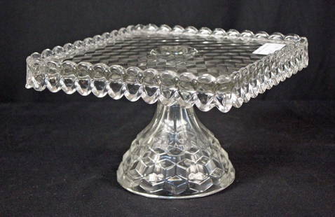 Fostoria American Pattern Square Cake Stand: Fostoria American Pattern Square Cake Stand. 6 3/4" High X 10 1/4" Square.