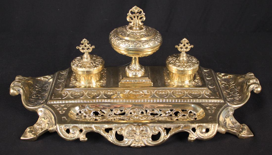 Ornate Maitland Smith Brass Inkwell Set (1 of 4)