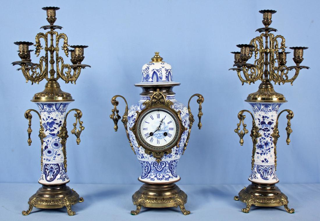 3 Piece Blue & White Porcelain Mantel Clock Set (1 of 7)