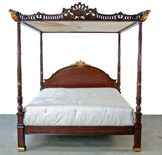 Maitland Smith King Size Mahogany Tester Bed: Maitland Smith King Size Mahogany Tester Bed. This fine Georgian style full tester bead has a pierced carved canopy with gilt brass front corner scroll mounts. Rear corner canopy mounts are composite