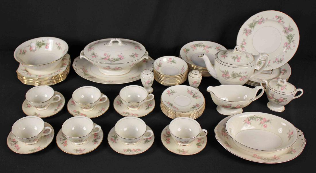 Homer Laughlin Georgian Eggshell China Set of 55: Homer Laughlin Georgian Eggshell China, Pink Roses, Purple Flowers, Set of 55 Pieces. (1) Teapot 8 1/4" High. (1) Gravy boat. (7) Cups. (1) Oval tray 11 3/4" Long. (1) 9 1/4" oval vegetable. (8) Rim s