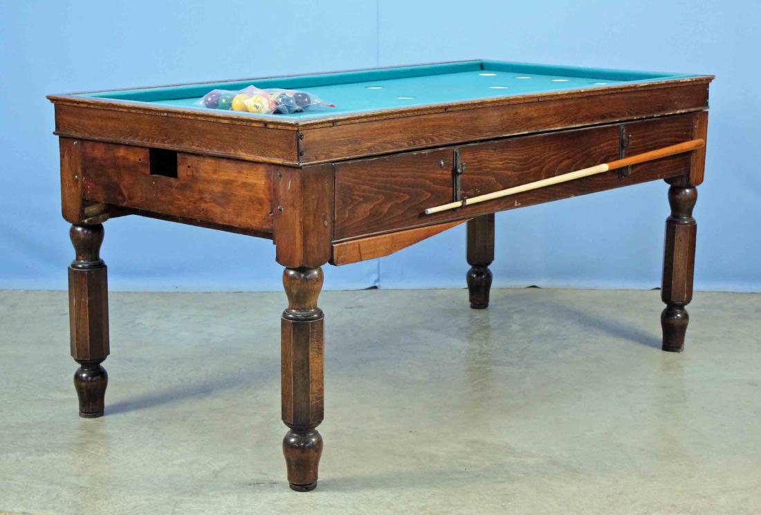 Antique Coin Operated Bar Pool Table, Missing Mec: Antique Coin Operated Bar Pool Table, Missing Mechanism and other parts. Table measures 34 1/4" High X 37 1/4" Wide X 72" Long.