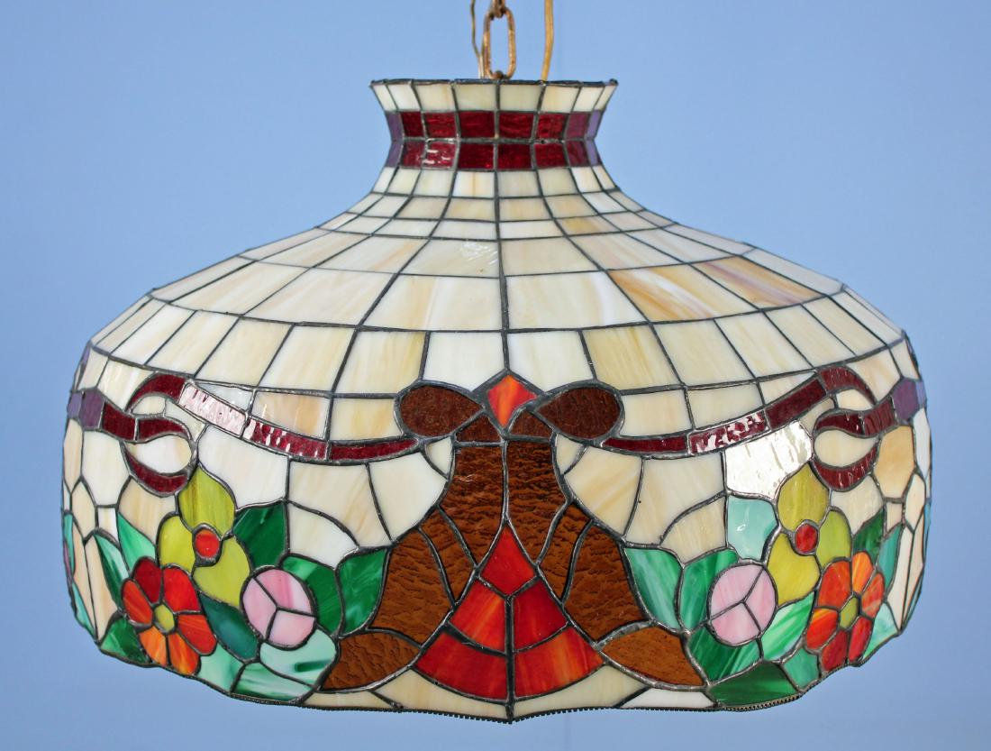 Stained Glass Hanging Light with Flowers: Stained Glass Hanging Light with Flowers. Measures 22" Dia. X 15" High.