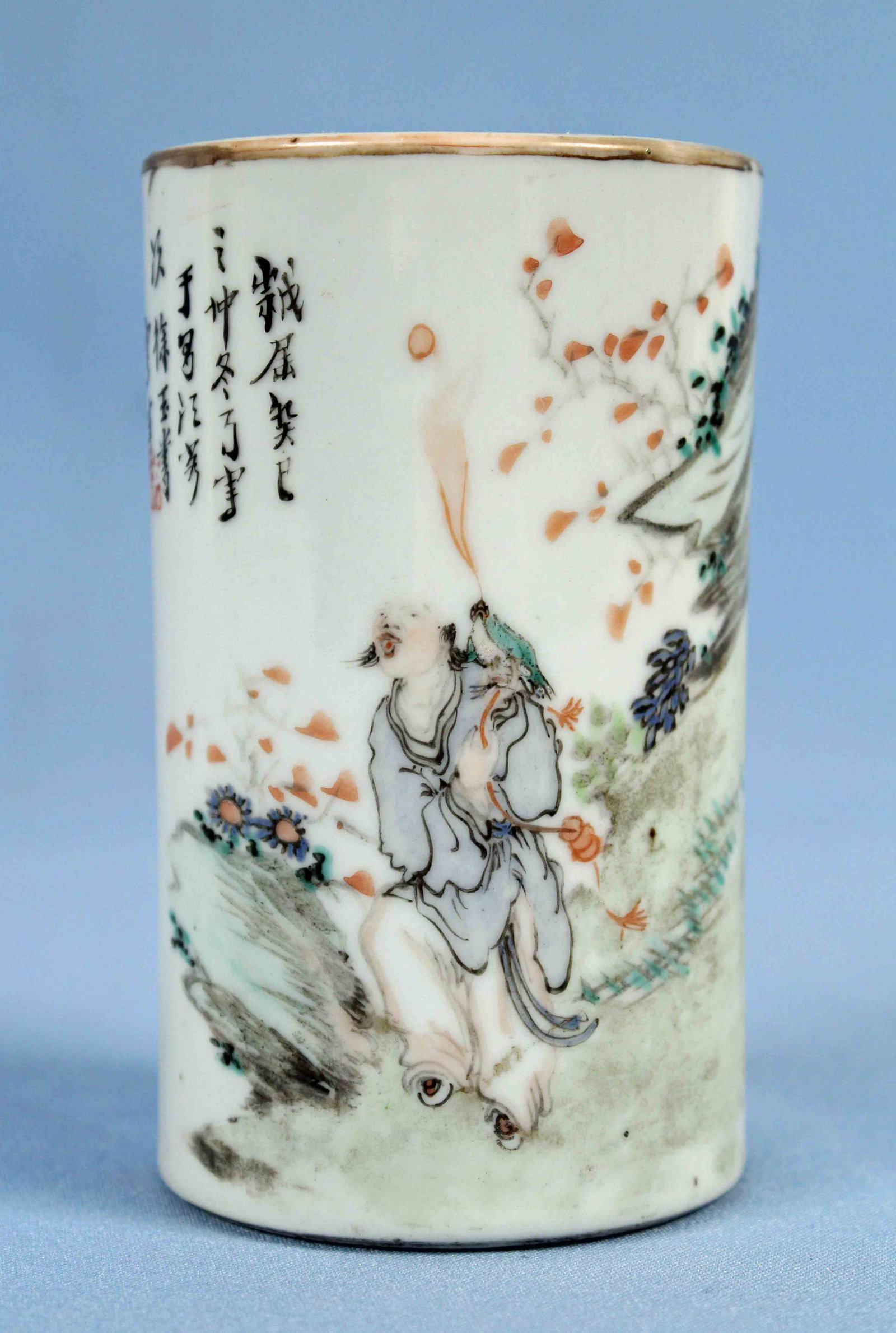19th/20th C. Chinese Porcelain Brush Pot: 19th/20th Century Chinese Porcelain Brush Pot. Brush pot is hand decorated with landscape and figure with bird. The decoration features Chinese calligraphy and is signed on base with four red Chinese 