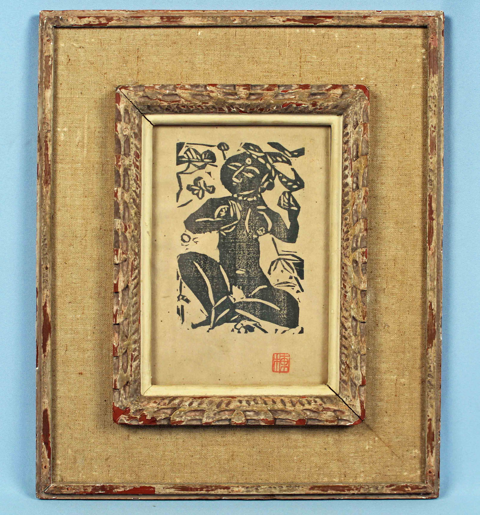 20th C. Japanese Goddess Wood Block Print: 20th C. Japanese Goddess Wood Block Print. Print has red seal and is framed in carved wood, gesso and canvas frame. The print appears to be the work of Shiko Munakata and was purchased by the owner in