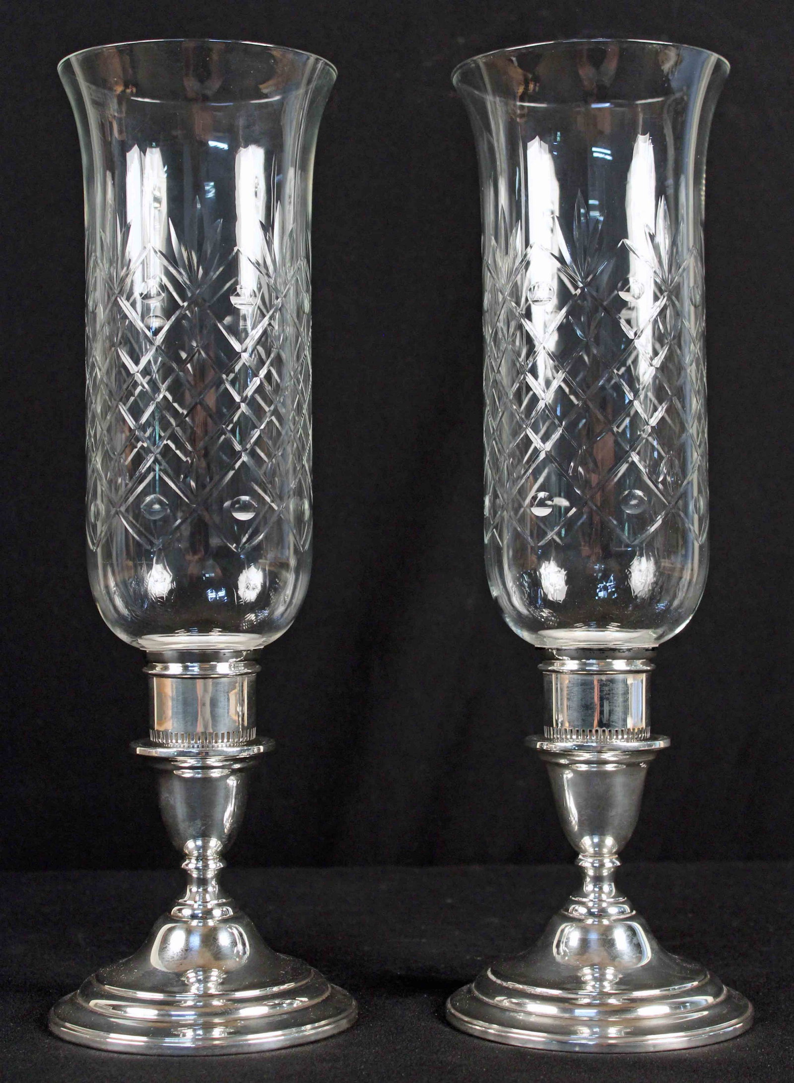 2 Rogers Sterling Candleholders w/ Glass Shades: Pair Rogers Sterling Silver Candleholders with Glass Hurricane Shades. Holders with shades measure 15 1/4" High. Candleholders measure 4 1/2" High. Condition - Holders and shades are in good condition