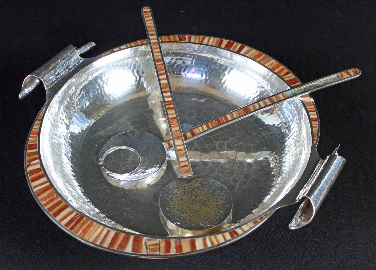 Emilia Castillo Hand Hammered Salad Set C. 1998: Emilia Castillo Hand Hammered and Inlaid Three Piece Salad Set Circa 1998. Set bowl rim and handles are inlaid with native stones. Set was designed by Emilia Castillo of Taxco, Mexico and is impressed