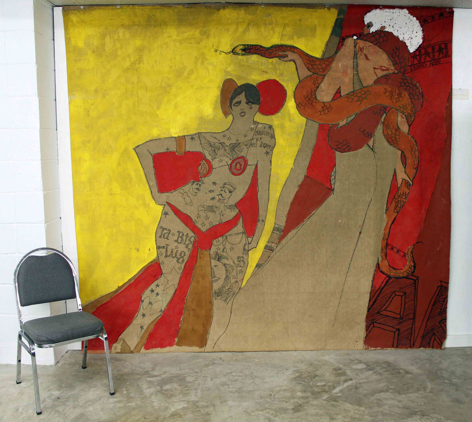 Dennis Abbe' (1942-2012) Mixed Media Large Canvas: Dennis Abbe' (1942-2012) Mixed Media Large Canvas. This work features two ladies with a large red/orange serpent. The piece was produced for Gayle Kirkpatrick's first fashion show stage at the Sulliva