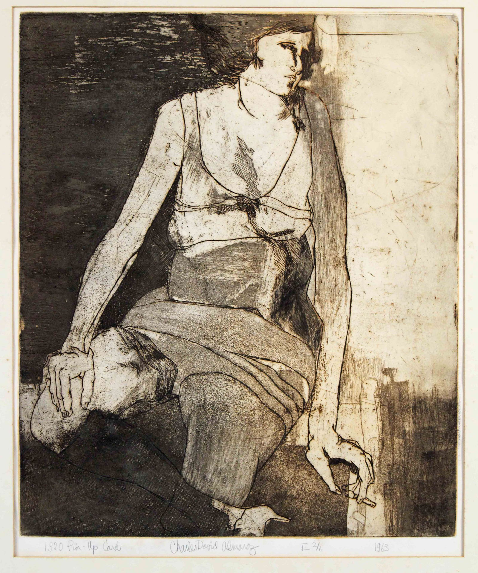 Carlos Almaraz "1920 Pin-Up Card" Etching C.1963: Carlos David Almaraz (1941-1989) "1920 Pin-Up Card" Etching on Paper. This rare early work is signed in pencil, Charles David Almaraz, "1920 Pin-Up Girl", E 2/6, 1963. This engraving was created durin