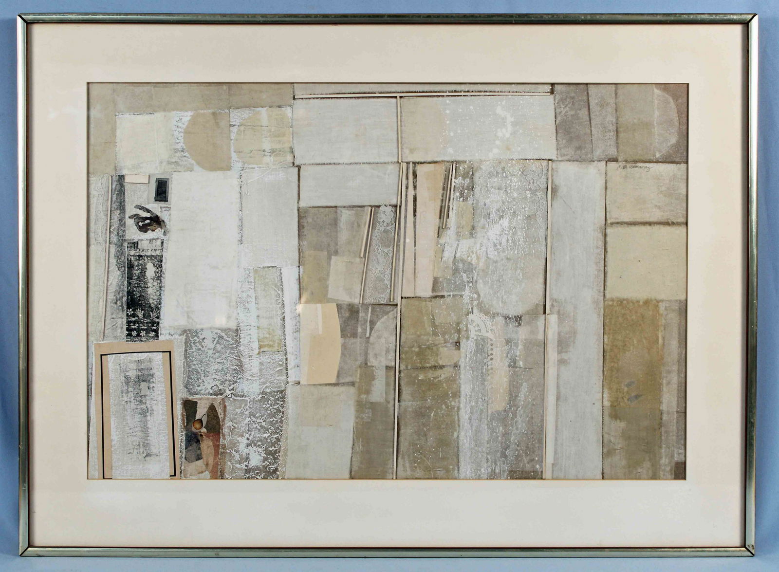 Carlos David Almaraz 1941-1989 Mixed Media Collage: Carlos David Almaraz (1941-1989) Mixed Media Collage with Lace on Board. Pencil signed upper right C.D. Almaraz. Visible image measures 20 1/2" X 31". Mounted in the original frame pencil marked ALMAR