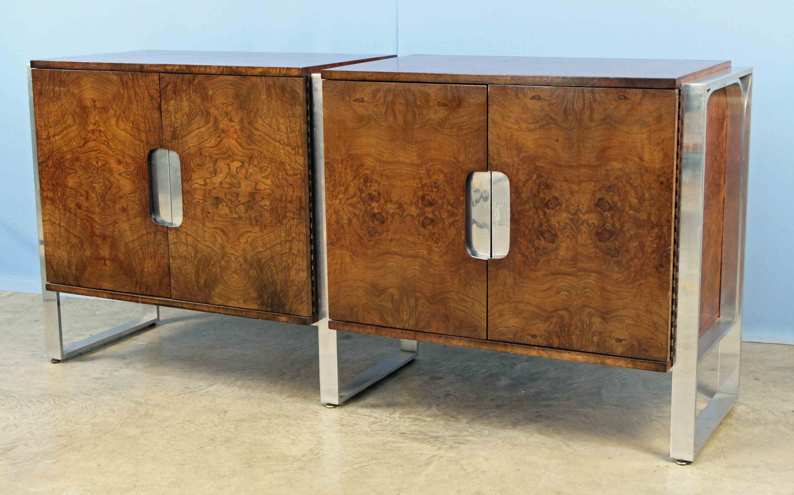 Pace American Modern Burled Wood Buffet: Pace American Modern Burled Wood and Brushed Chrome Double Section Buffet. Buffet is veneered with matched burled walnut. Cabinet is made in two sections. The two sections are divided by brushed chrom
