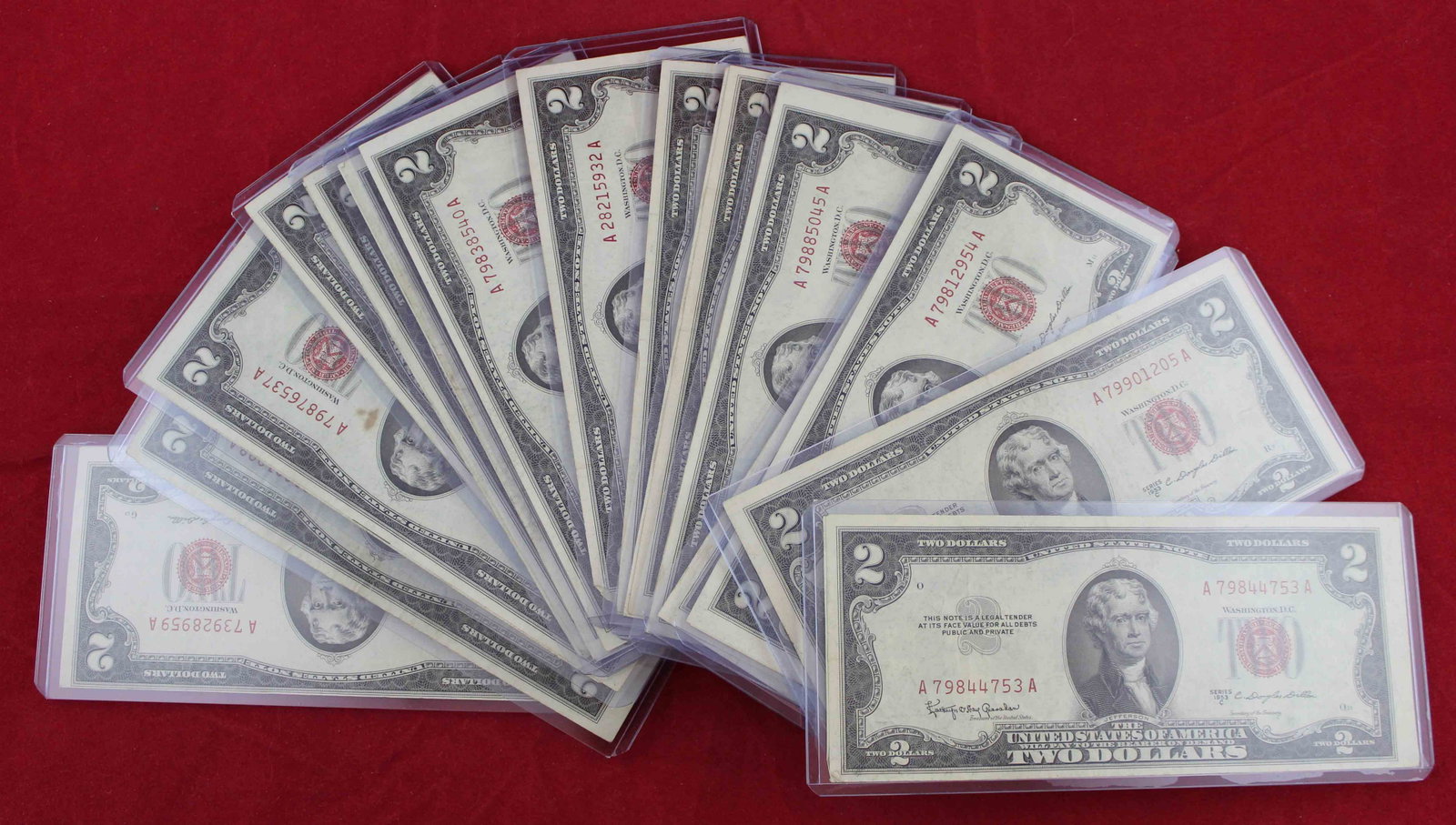 29 Red Seal 1953 Series Two Dollar U.S. Notes: 29 Red Seal 1953 Series Two Dollar U.S. Notes. Series 1953 and 1953 Series A,B, & C. Condition - Most notes in this lot are in very good condition.