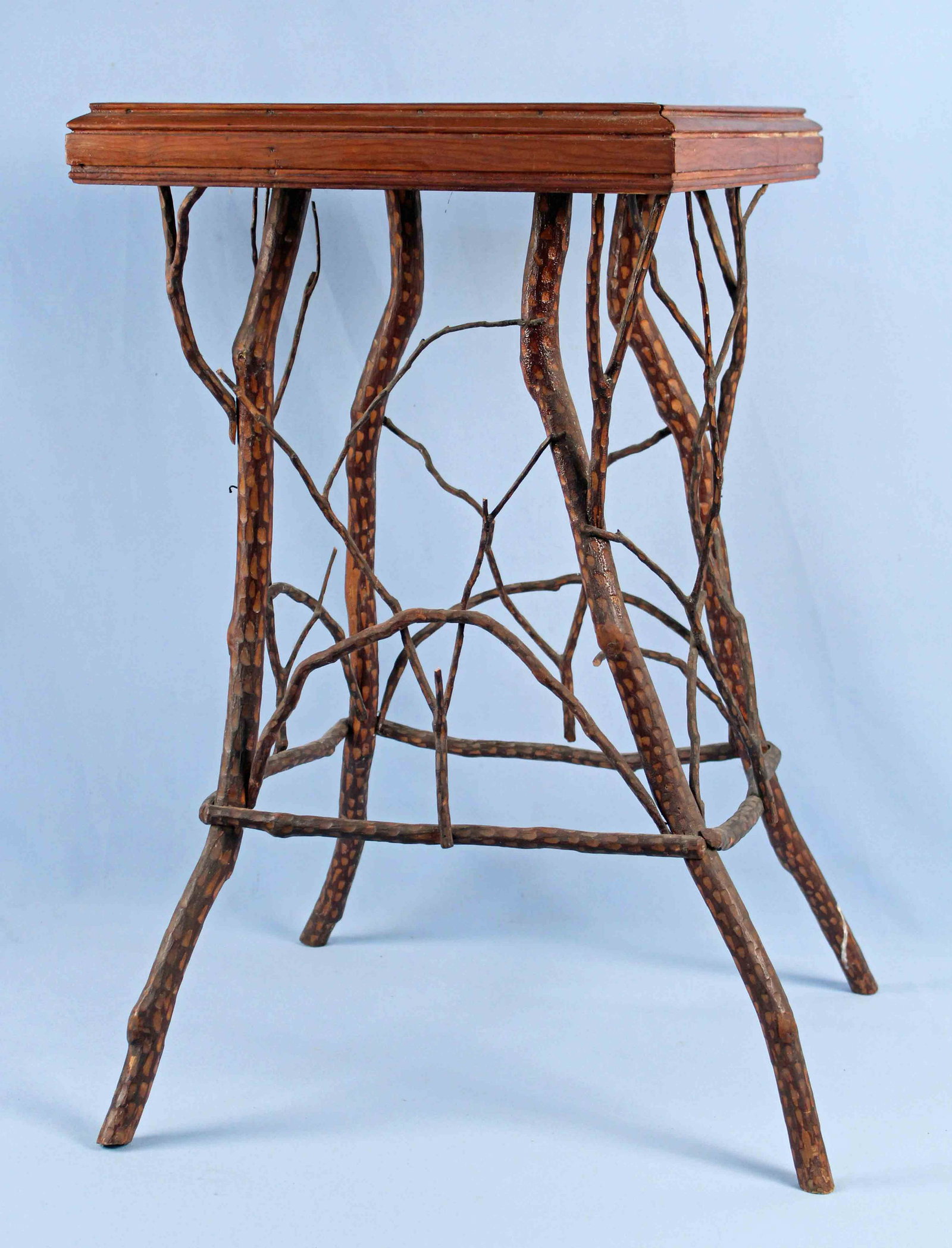 C. 1900 Tramp Art Twig Center Table: C. 1900 Tramp Art Twig Center Table. Measures 30 1/2" high X 21 1/2" X 20 1/2". Top measures 17 3/4" X 17 3/4". Condition - Table is in good condition. Does have some minor twig loss. May need minor r