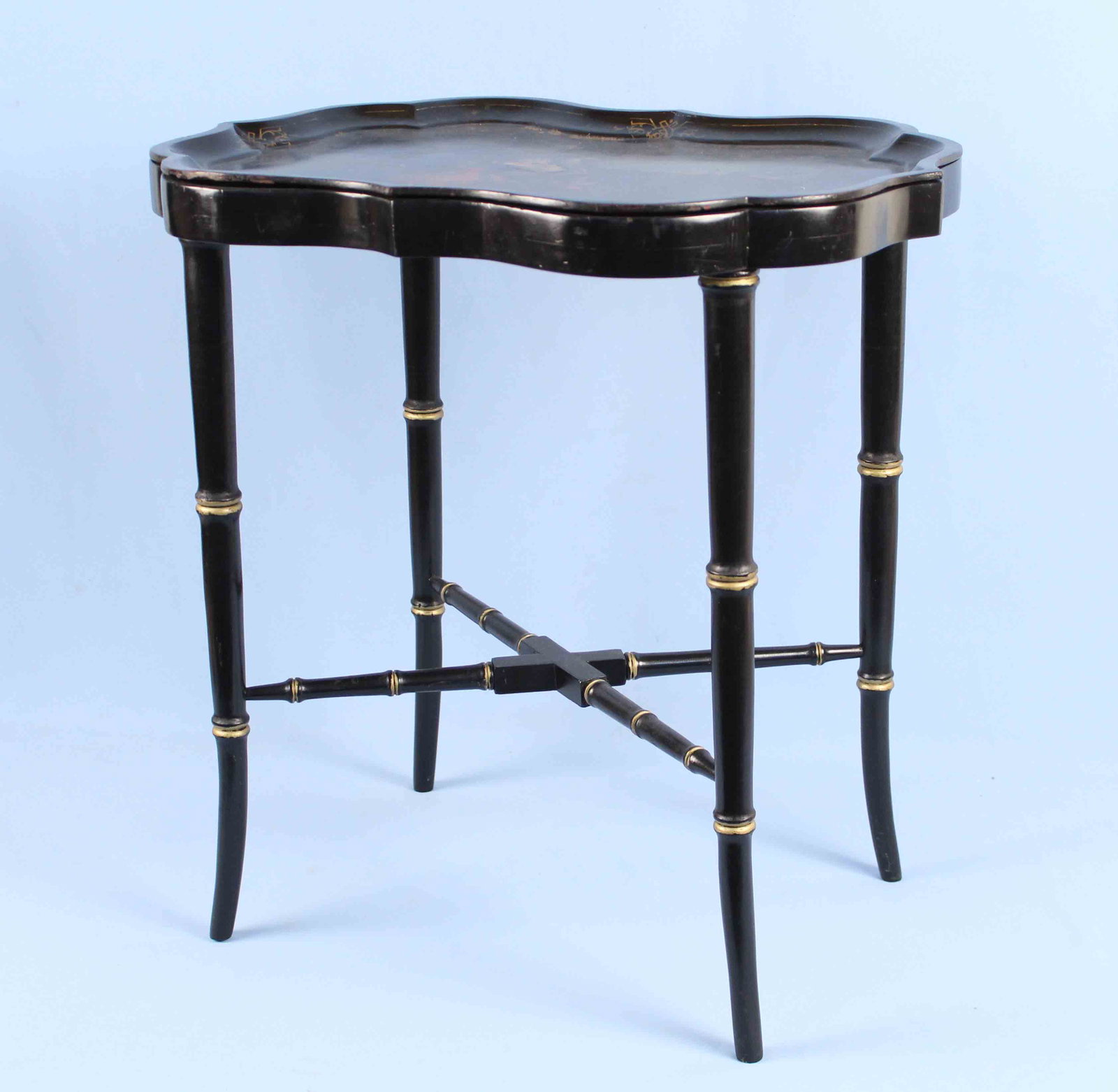 19th C. Scenic Paper Mache Tray w/ Fitted Stand: 19th C. Scenic Paper Mache Tray w/ Fitted Faux Bamboo Stand. Tray Measures 17.5" X 23.25" and stand measures 24" H. Condition: Stand is in perfect condition. Tray has some minor losses at edge.