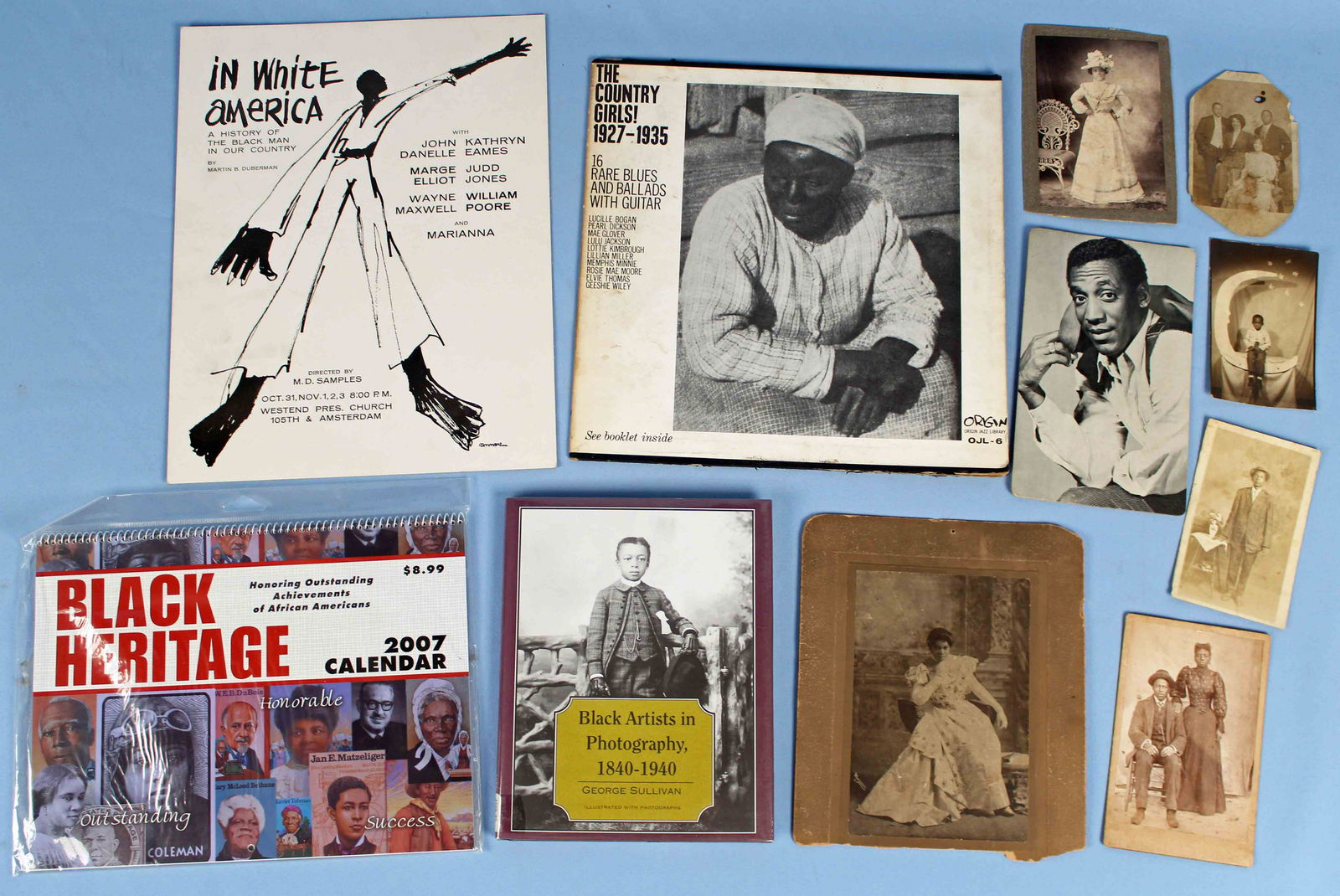 African American Archive Book, Record, Poster Etc.: African American Archive Book, Record, Poster Etc. (1) Original and very scarce "In White America" Martin B. Duberman 1960s or 1970s. Measures 11" X 14". Poster is in good condition. (1) Photograph of