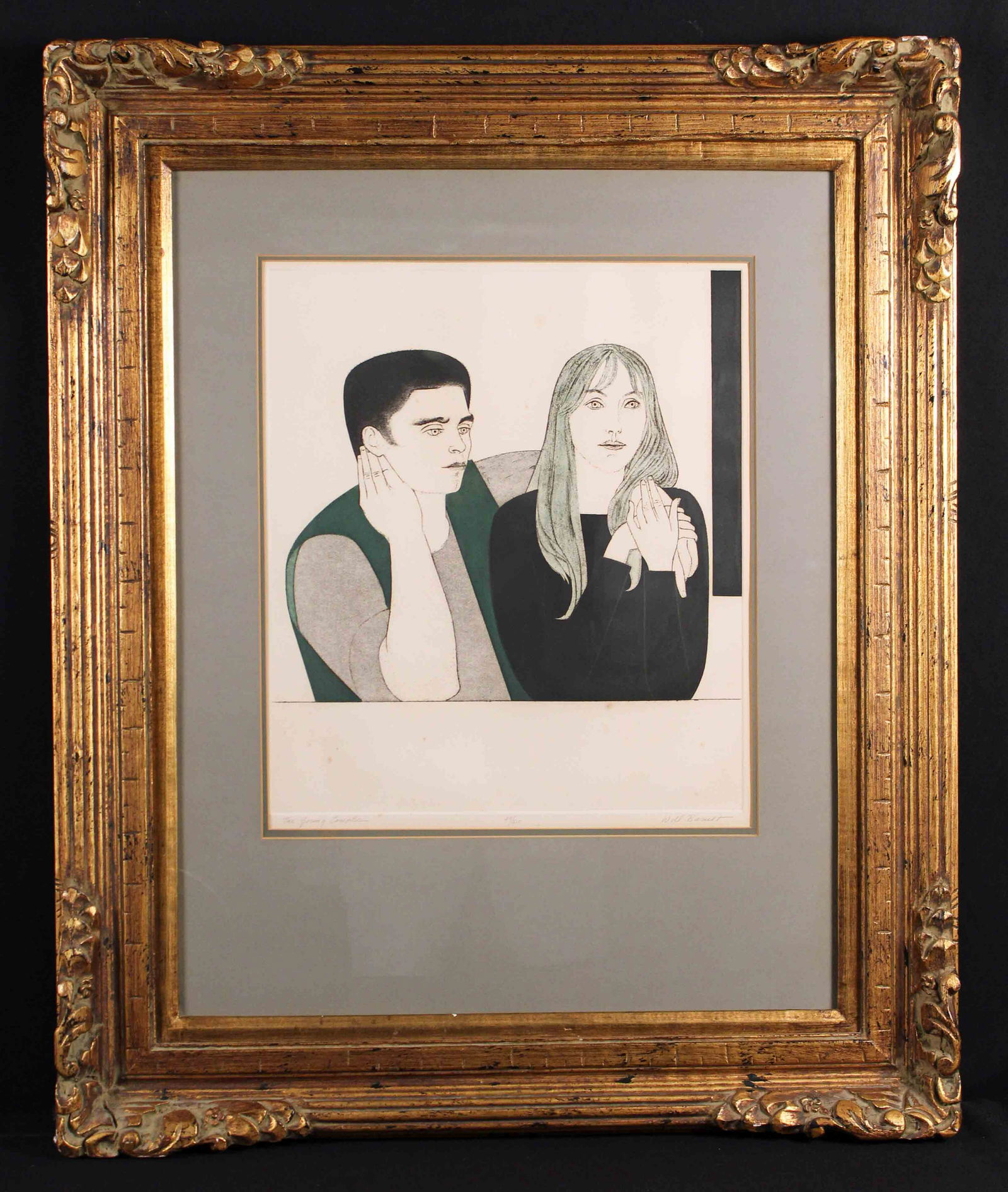 Will Barnet (1911-2012) The Young Couple Etching: Will Barnet (1911-2012) The Young Couple Etching In A 20th Century Gold Leaf Frame. Signed with pencil: "The Young Couple," 49/225, Will Barnet. Barnet taught at both the Boston Museum of Fine Arts an