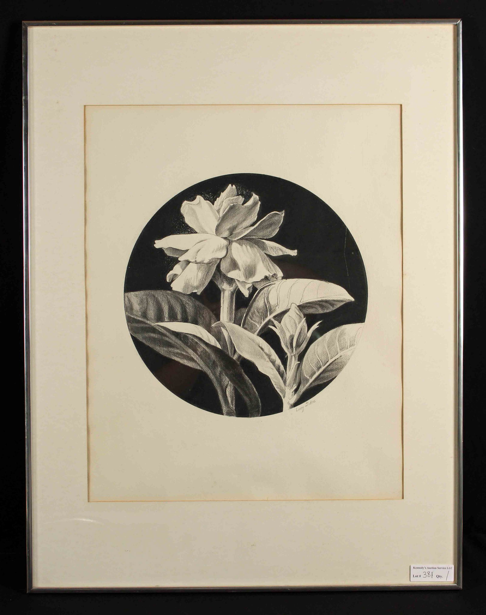 Lucy Sikes "The Gardenia In the Evening" Drawing: Lucy Sikes "The Gardenia In the Evening" Pencil Drawing On Paper. Drawing measures 14 1/2" dia. Frame measures 26 1/4" X 34 1/4". Condition - Drawing has some toning. See photos.