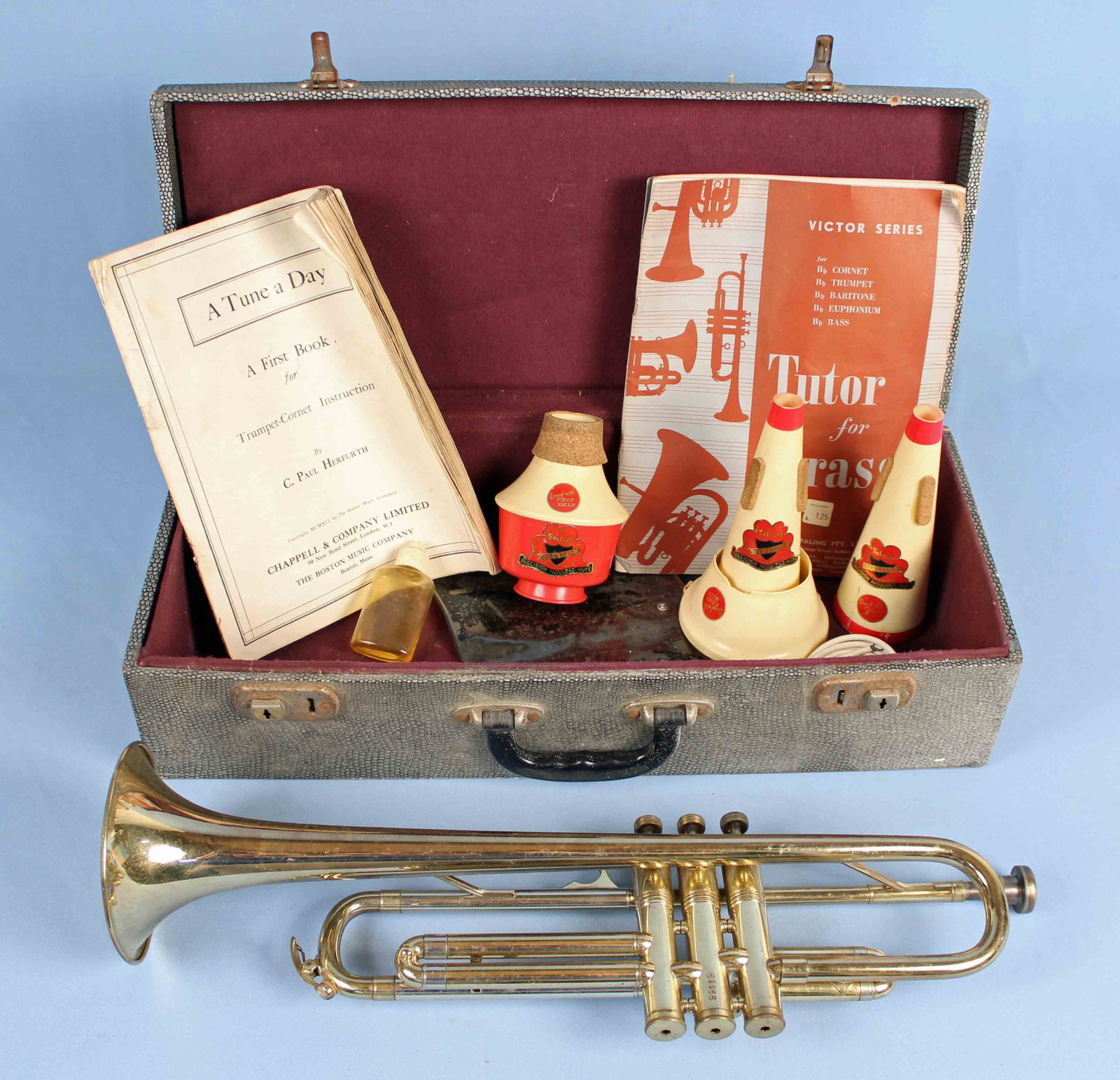 Lincoln Brass Trumpet Selmer London England: Lincoln Brass Trumpet by Selmer London England #64466, 20 1/2" Long with mouthpiece in place. Comes with case and some Selmer accessories. The keys are mother pearl. Condition - Overall good condition