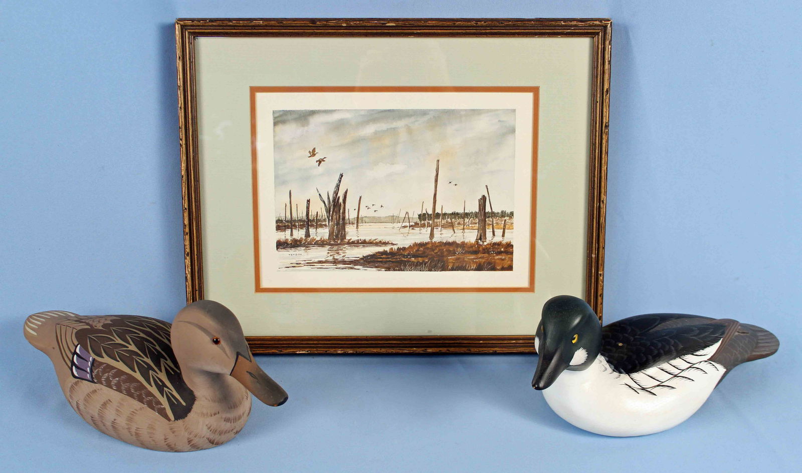 Two Signed Decorative Duck Decoys: Two Signed Decorative Duck Decoys and Watercolor. (1) Hen Mallard decoy by Stoney Point Decoys Oak Hall, Virginia. Makers mark is branded on bottom. Signed in pen by Raymond E. Hornick, 1981. Measures