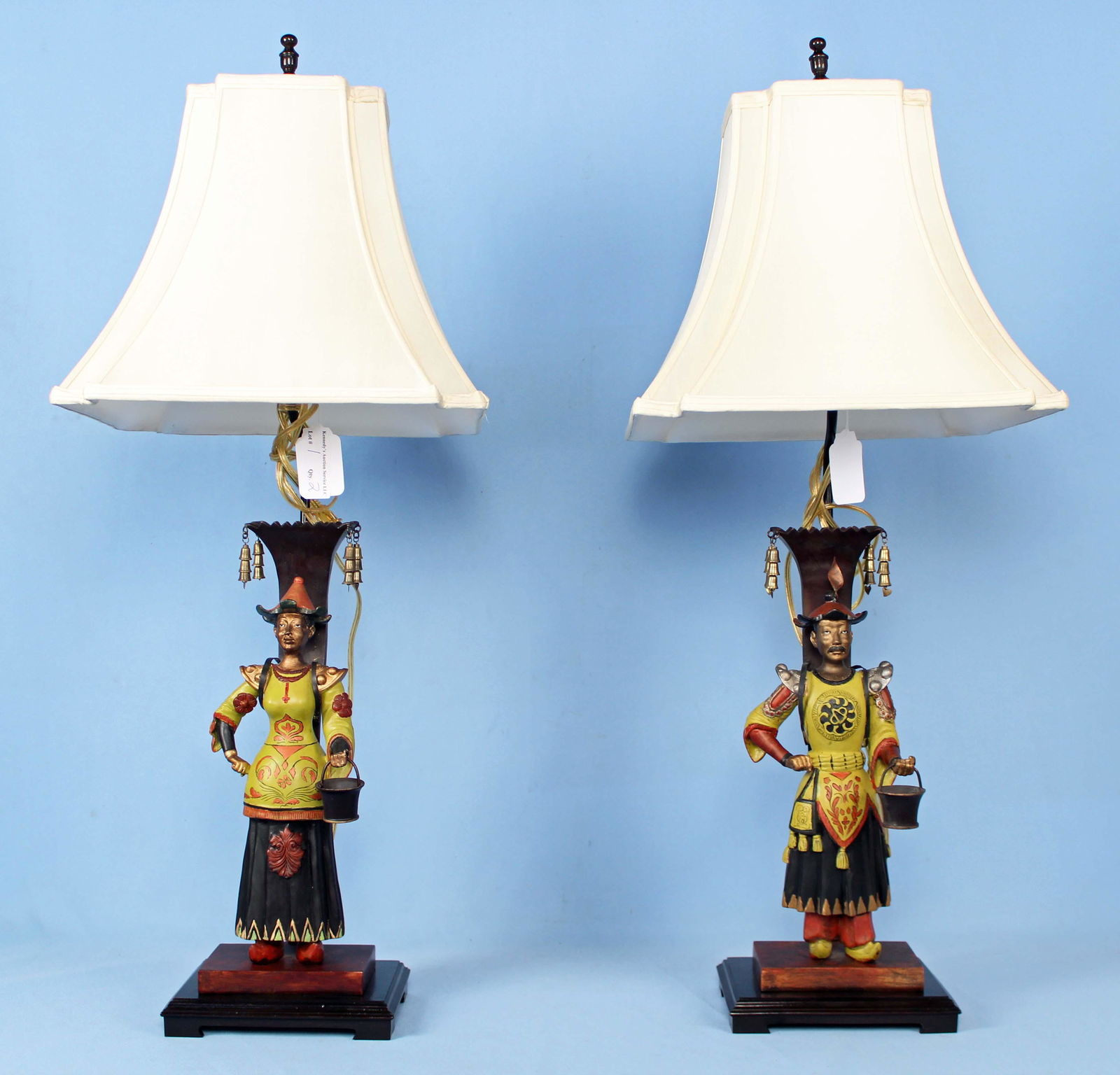 Cast Iron Chinese Couple Lamps w/ Cloth Shades (1 of 5)