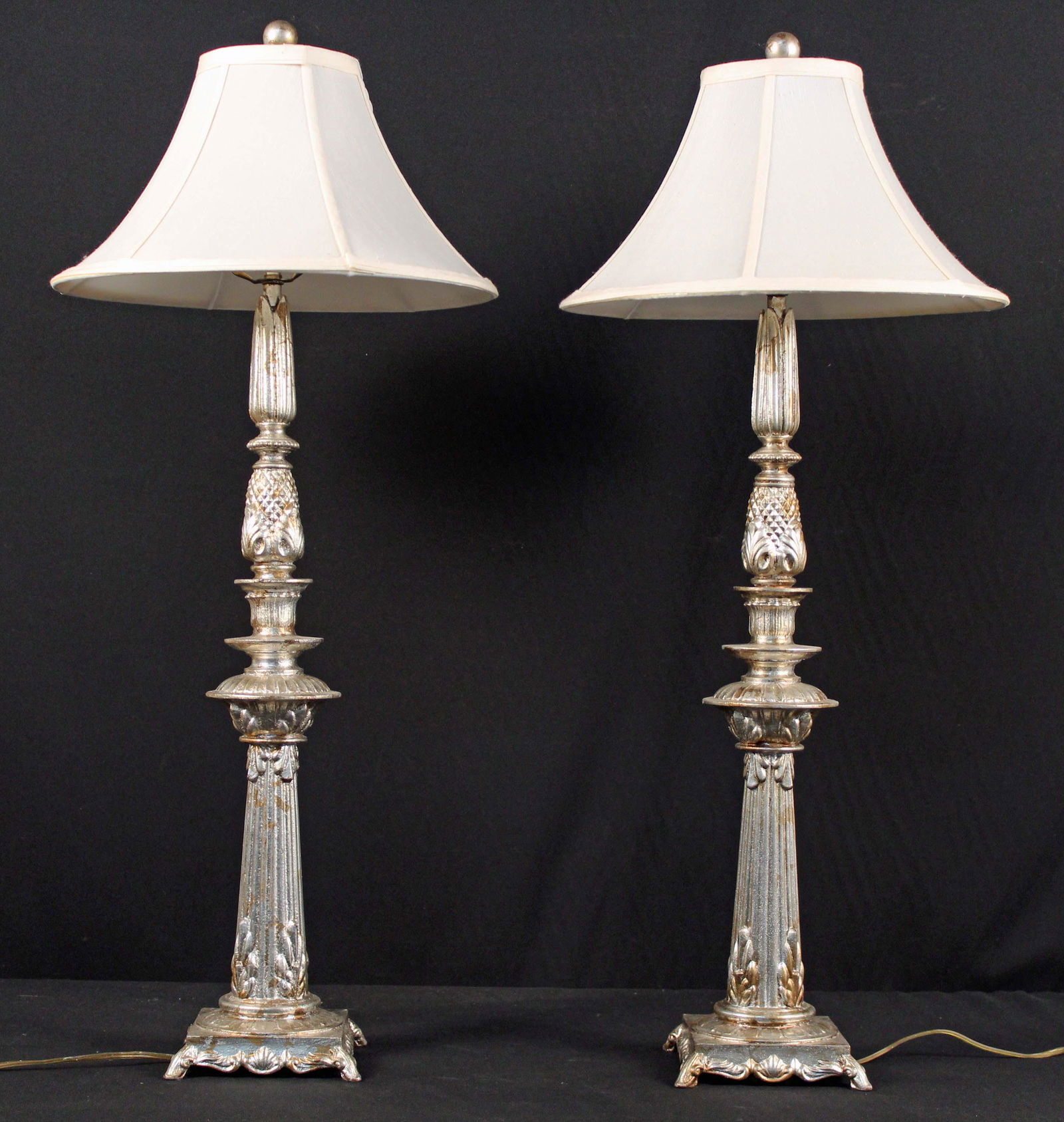 Pair of Silver Leaf Metal Lamps w/ Cloth Shades (1 of 3)