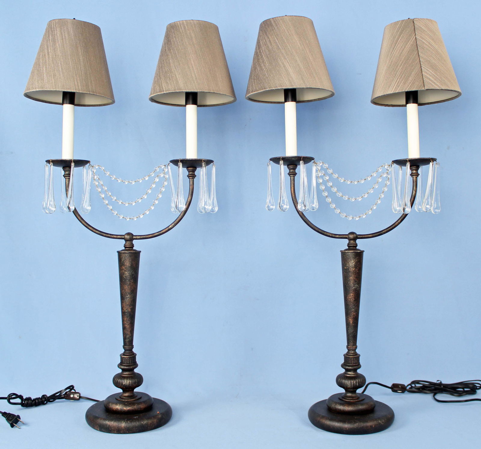 2 Frederick Cooper 2 Light Lamps w/ Grey Shades: Pair of Frederick Cooper Two Light Lamps with Grey Shades, Glass Beads and Tear Drops. Measure 32" H. X 17" W. Condition - Good condition.