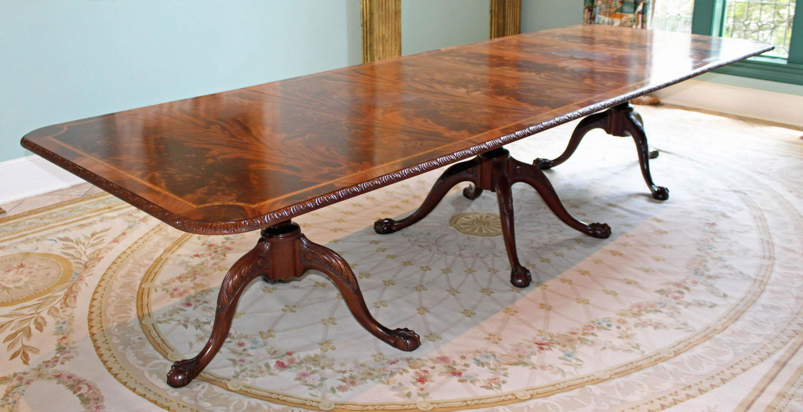 Banded Crotch Mahogany Three Pedestal Dining Table (1 of 7)