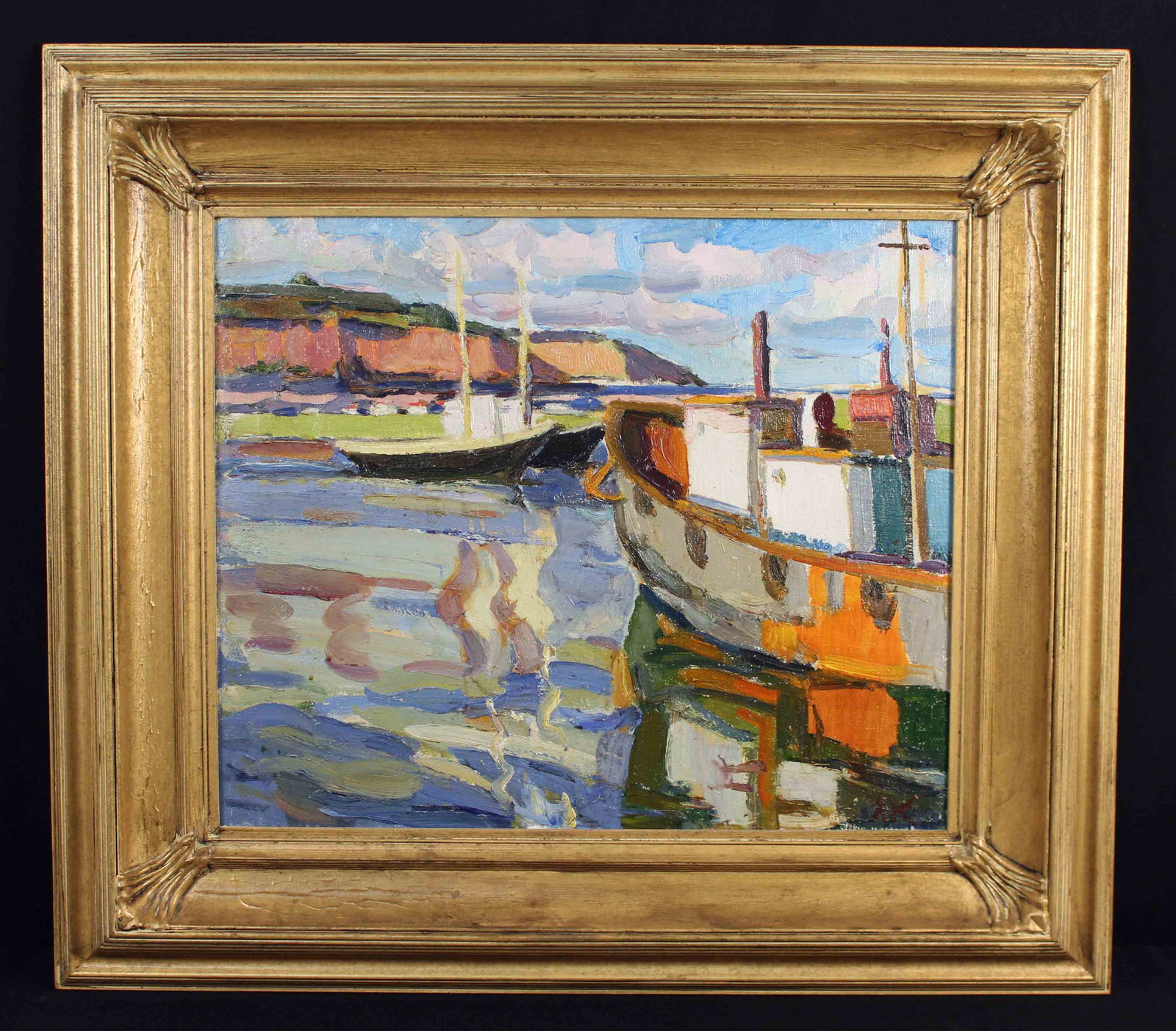 Oil on Canvas Impressionist Harbor Scene (1 of 4)