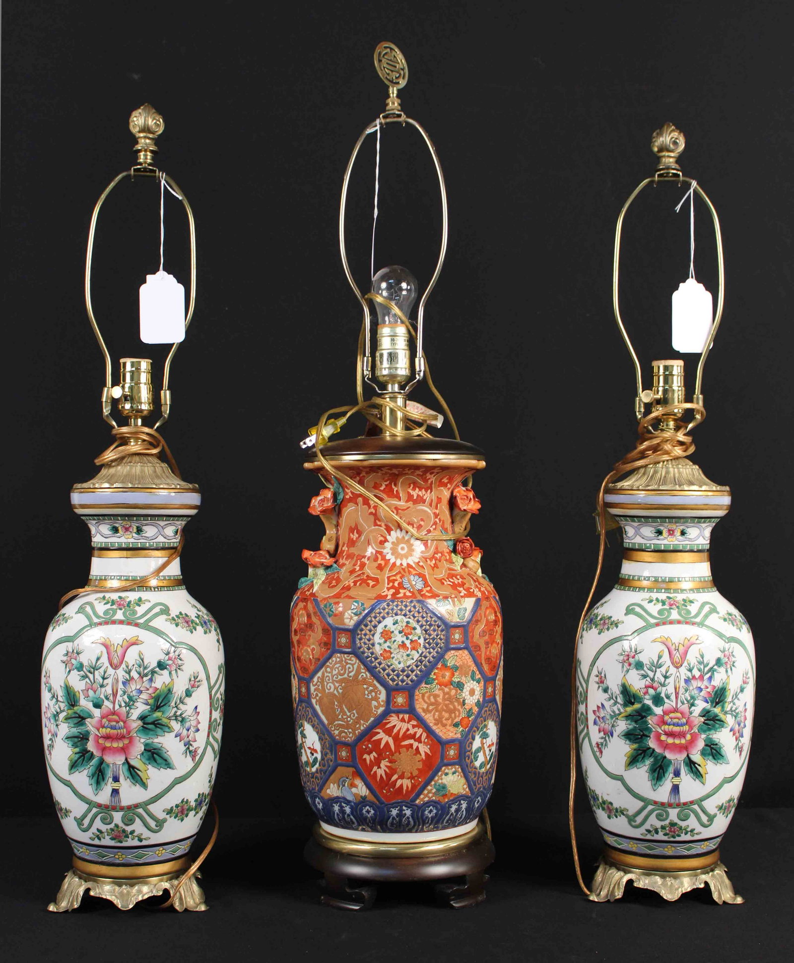 Three Chinese Style Porcelain Lamps: Three Chinese Style Porcelain Lamps. (1) Signed Frederick Cooper with harp 33 1/2" High. (2) Matching pair 30" High. Condition - Good condition, do not come with shades.