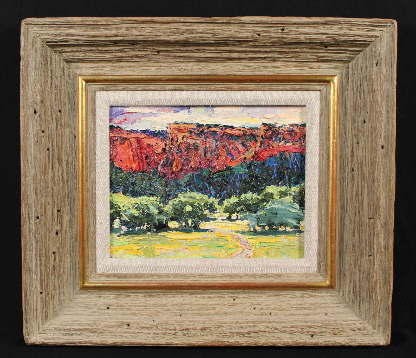 S.R. (Steven) Boone O/B "Red Cliffs": S.R. (Steven) Boone "Red Cliffs" Landscape Oil on Masonite Board . Unknown gallery label on verso. Painting measures 9" X 11". Overall measurement of frame is 15" X 17". Condition - Good condition.
