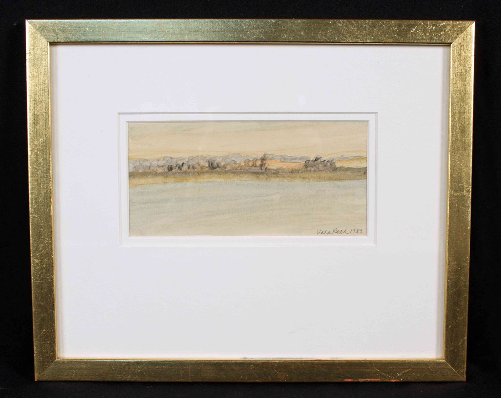 Veda Reed (1934) Oil on Paper " Mud Island": Veda Reed (1934) Oil on Paper " Mud Island". Alice Bingham, Memphis, Tennessee label on verso titled "Across The River From Mud Island" and dated 24th March, 1983. Signed in pencil lower right Veda Re