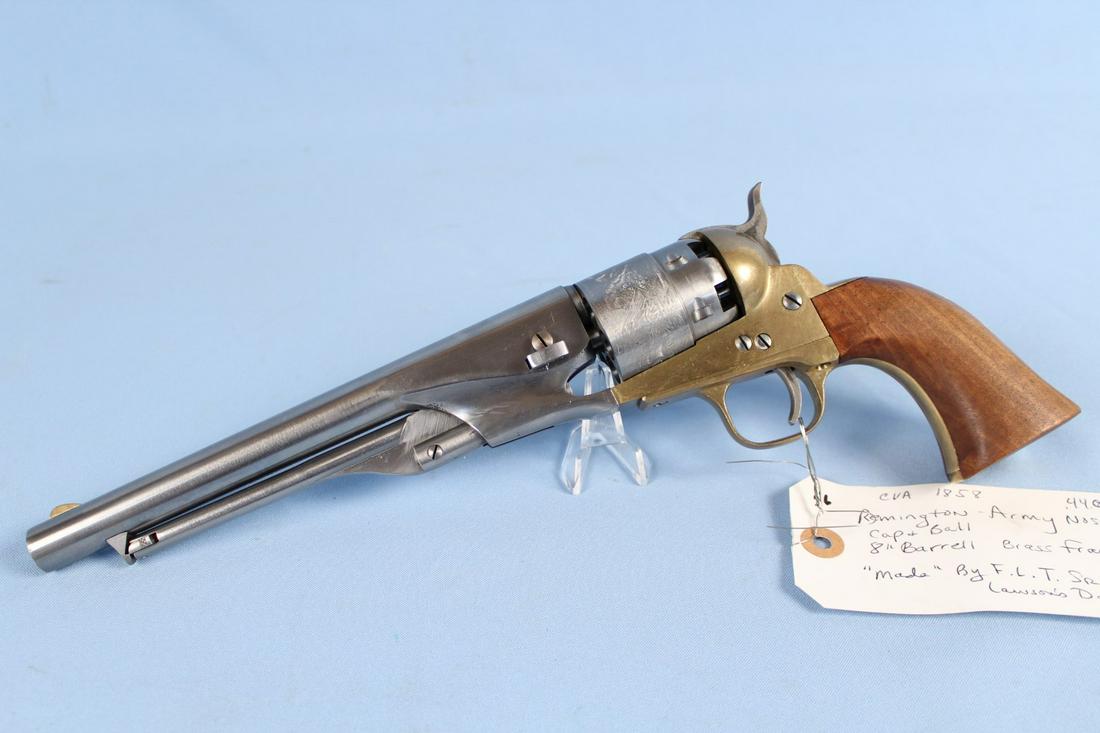 CVA 1858 Remington Cap & Ball Pistol Copy: Connecticut Valley Arms 44 Cal. 1858 Remington Cap & Ball Pistol Copy. This pistol has an 8" BBL, engraved cylinder and brass and steel components. READ OUR TERMS & CONDITIONS PRIOR TO BIDDING ON THIS