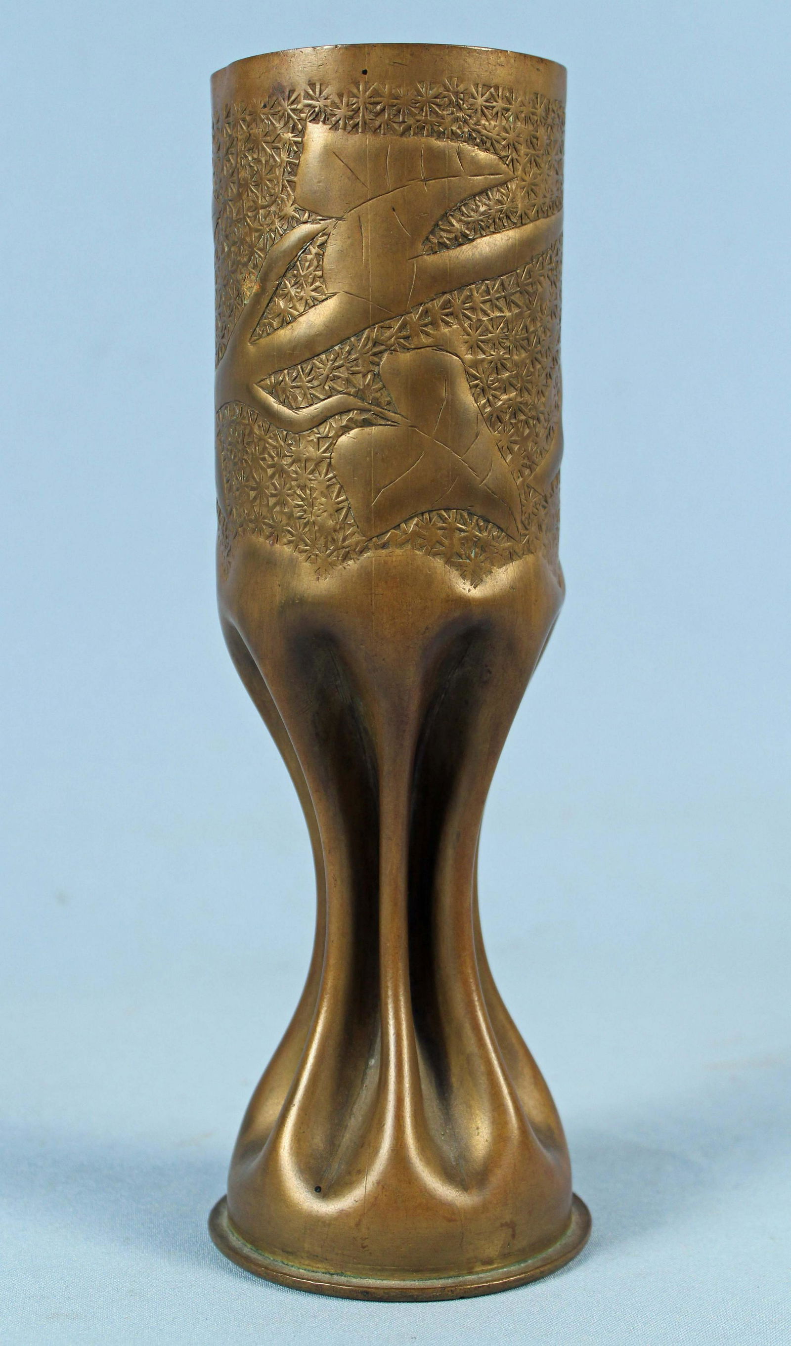 WWI Trench Art Vase w/ Unusual Base Solid Brass: WWI Trench Art Vase w/ Unusual Base Solid Brass. Made from a Model 1912 artillery shell, measures 10 1/2" High X 3 1/2" Dia. Condition - Good condition.