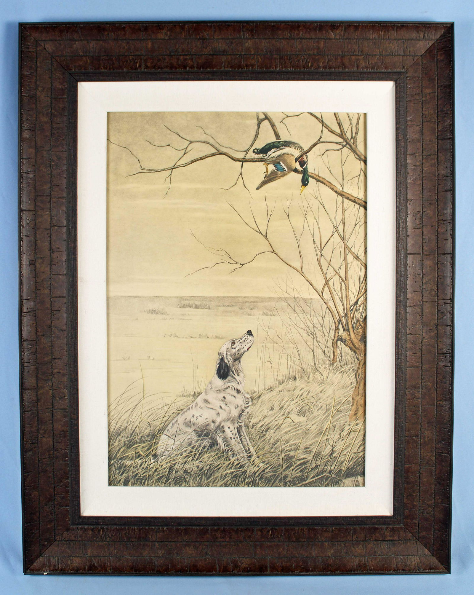 After Leon Danchin "English Setter and Duck" O/B: After Leon Danchin "English Setter and Duck" Mounted on Board. Image measures 16" x 23". Modern frame measures approx. 25 1/2" x 32 3/4". Condition- Good condition. See photos.