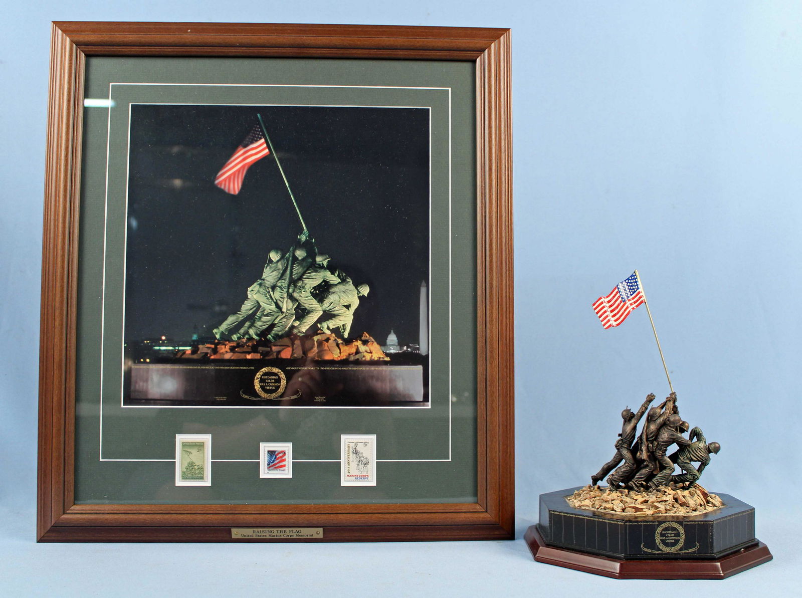 Marine Corps War Memorial Statue & Photo: Marine Corps War Memorial Statue & Photo. (1) Danbury Mint The Marine Corps War Memorial Iwo Jima "Uncommon Valor Was A Common Virtue" State. Measures approx. 8 1/2" at base. Marked with JFK quote on