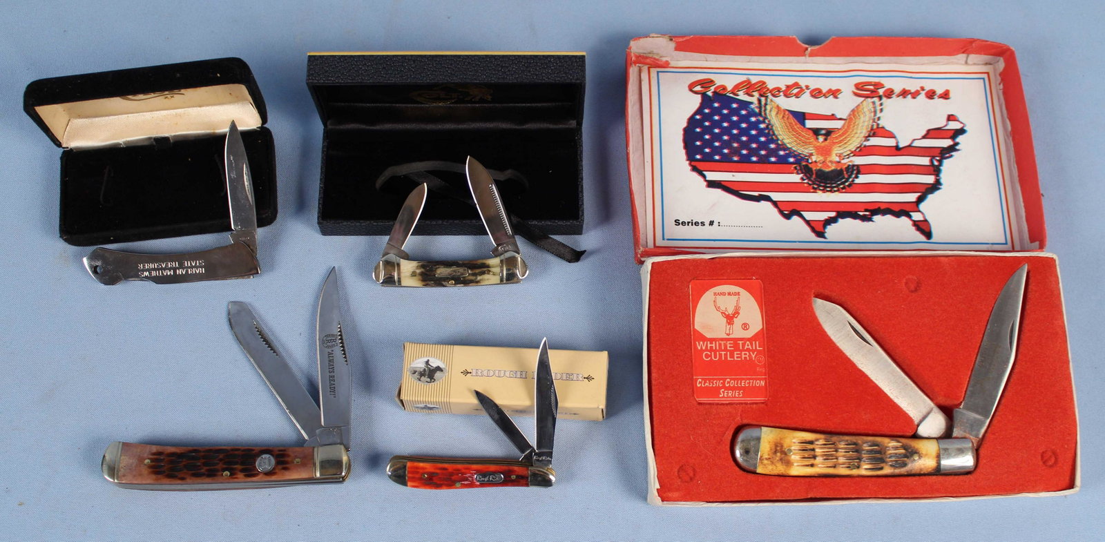 RR, Colt, Case, White Tail, Pocket Knives: RR, Colt, Case, White Tail, Pocket Knives. (1) Colt CT238 two blade stag handle pocket knife in original Colt case. Knife closed measures 2 5/8" long. (1) RR Tested Sharp 440 "Always Ready" two blade 