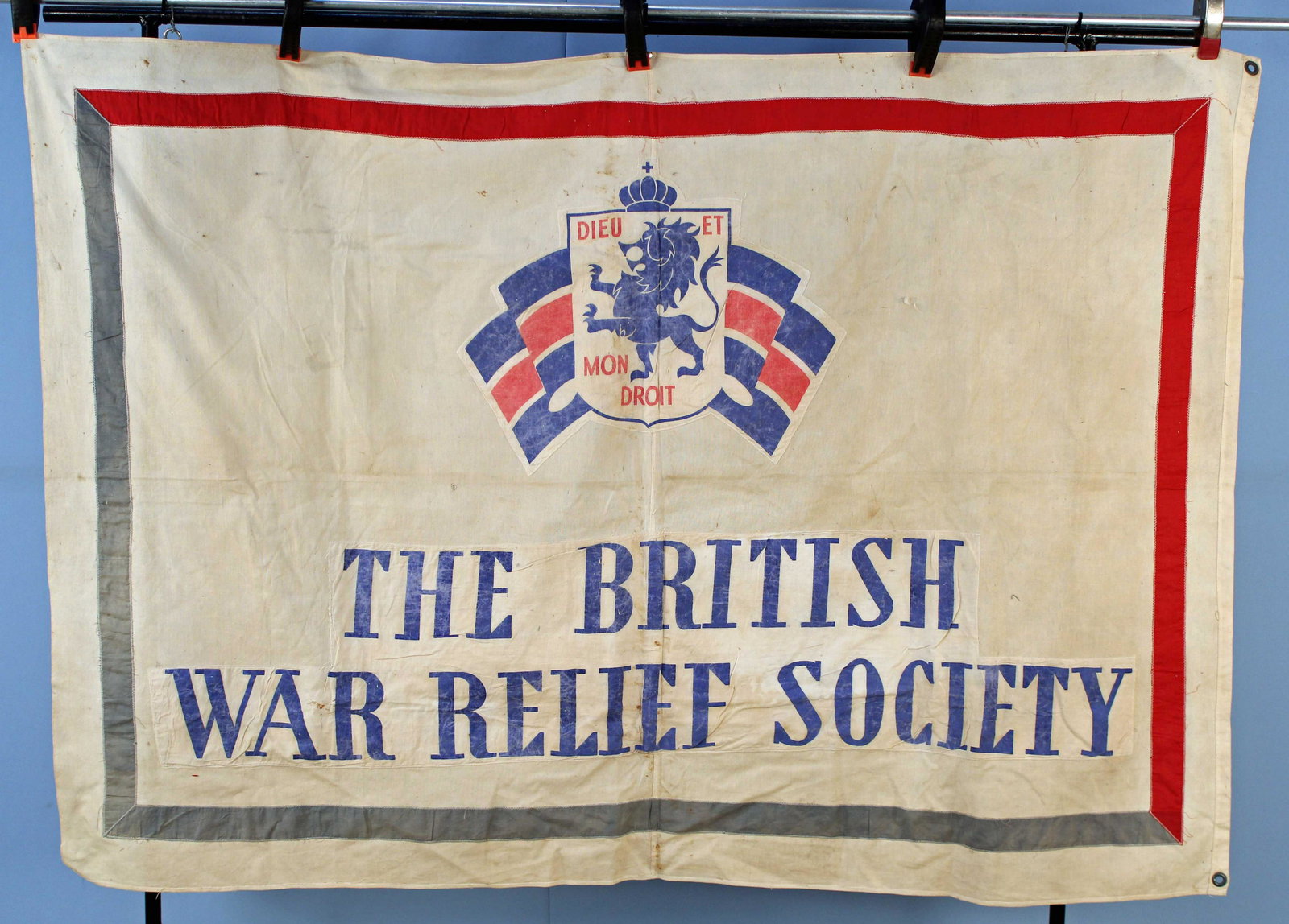 WWI British War Relief Society of America Flag: Rare WWI British War Relief Society of America Flag. Measures approx. 46" X 65". Condition - Overall good condition with fading and some stains.