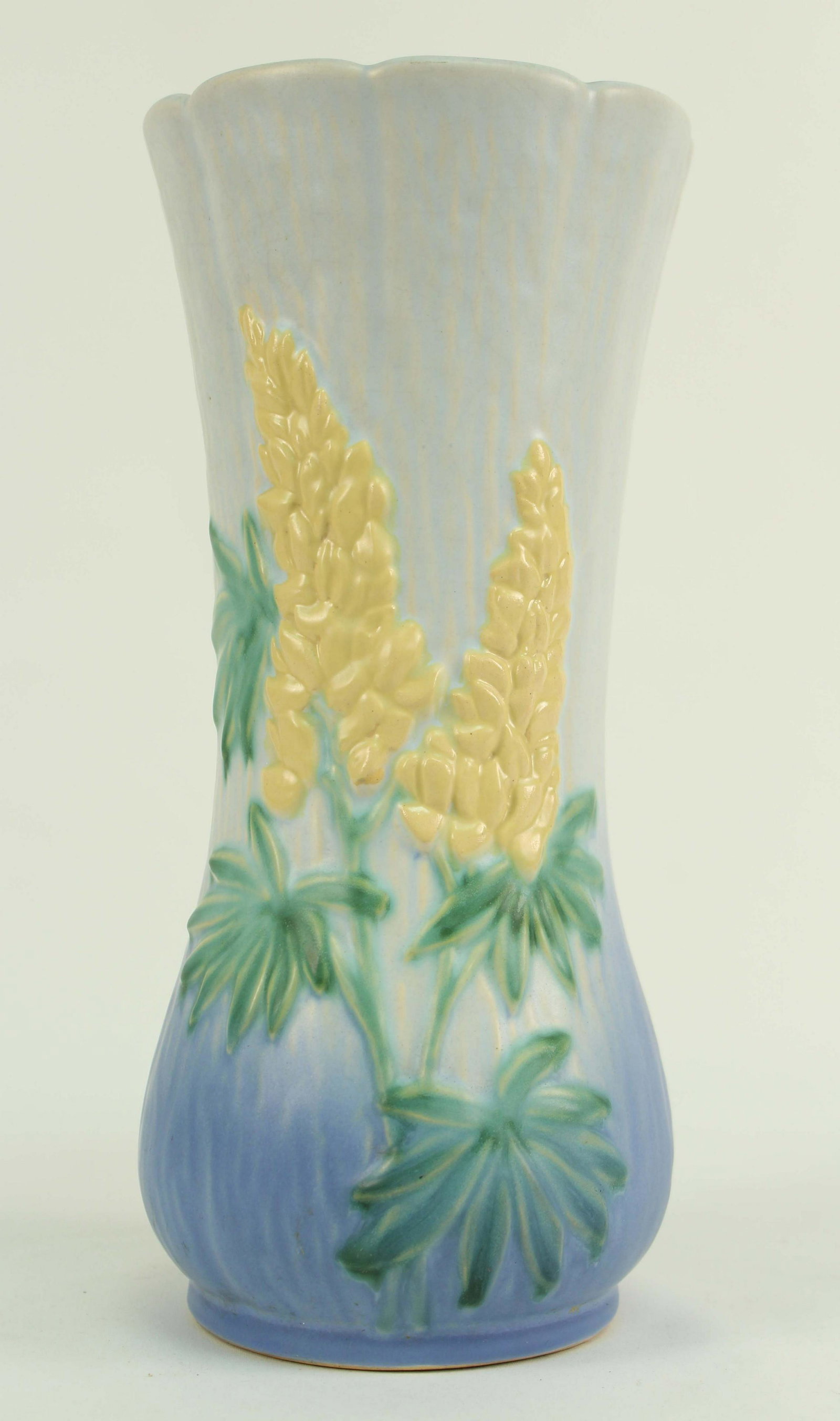 Weller Pottery Roba 11" Blue Vase with Flowers: Weller Pottery Roba 11" Blue Vase with Flowers. The vase is pattern R-15 Condition - Good condition. No chips or cracks. (See Photos)